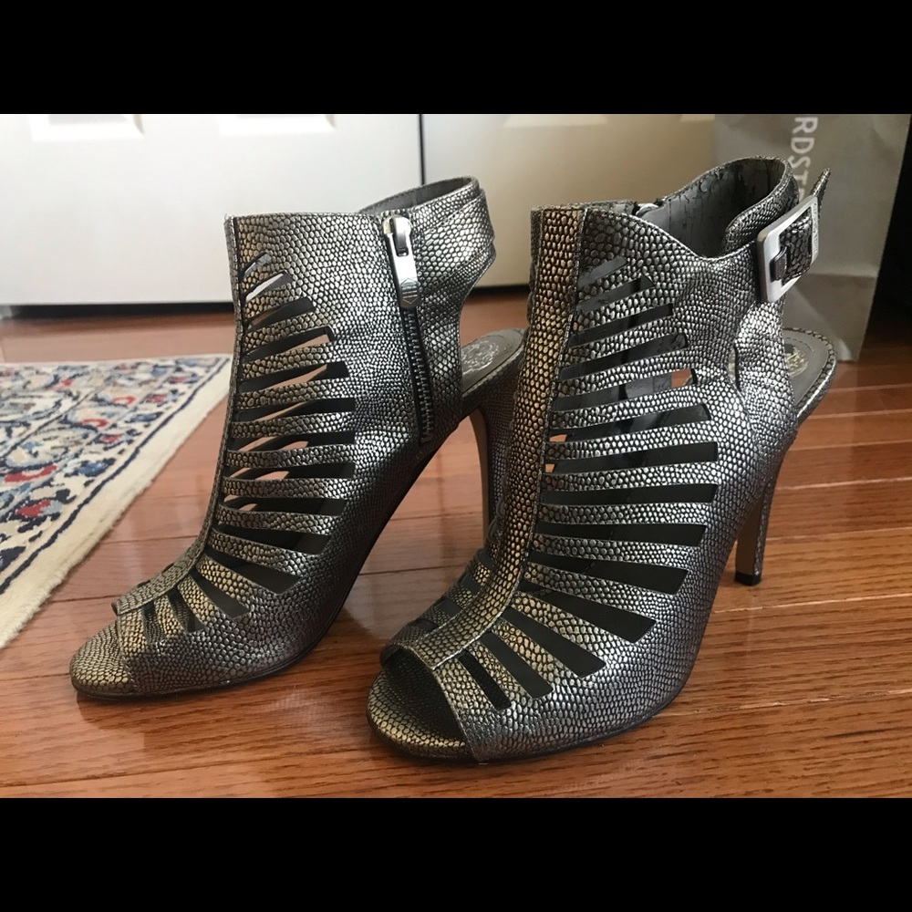 Vince Camuto open toe silver booties